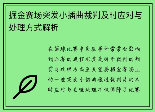 掘金赛场突发小插曲裁判及时应对与处理方式解析 掘金赛场突发小插曲裁判及时应对与处理方式解析