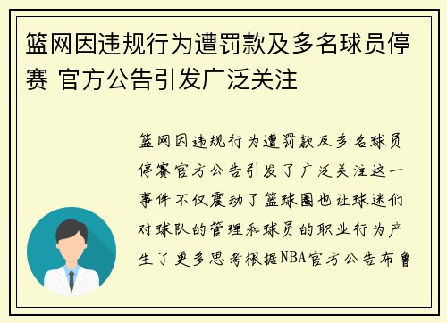 篮网因违规行为遭罚款及多名球员停赛 官方公告引发广泛关注