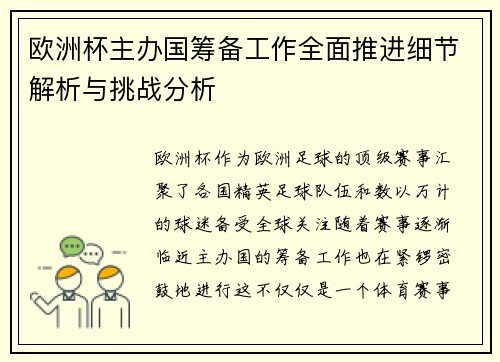 欧洲杯主办国筹备工作全面推进细节解析与挑战分析